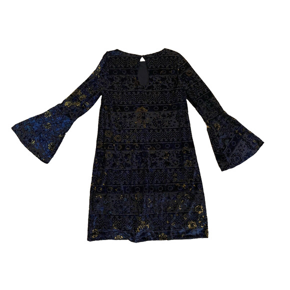NWT Eci NY Shift Dress Medium Navy & Gold Velvet Flutter Bell Sleeves Boho Dress - Picture 6 of 16